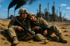 Two lost soldiers resting on each other in a desert.