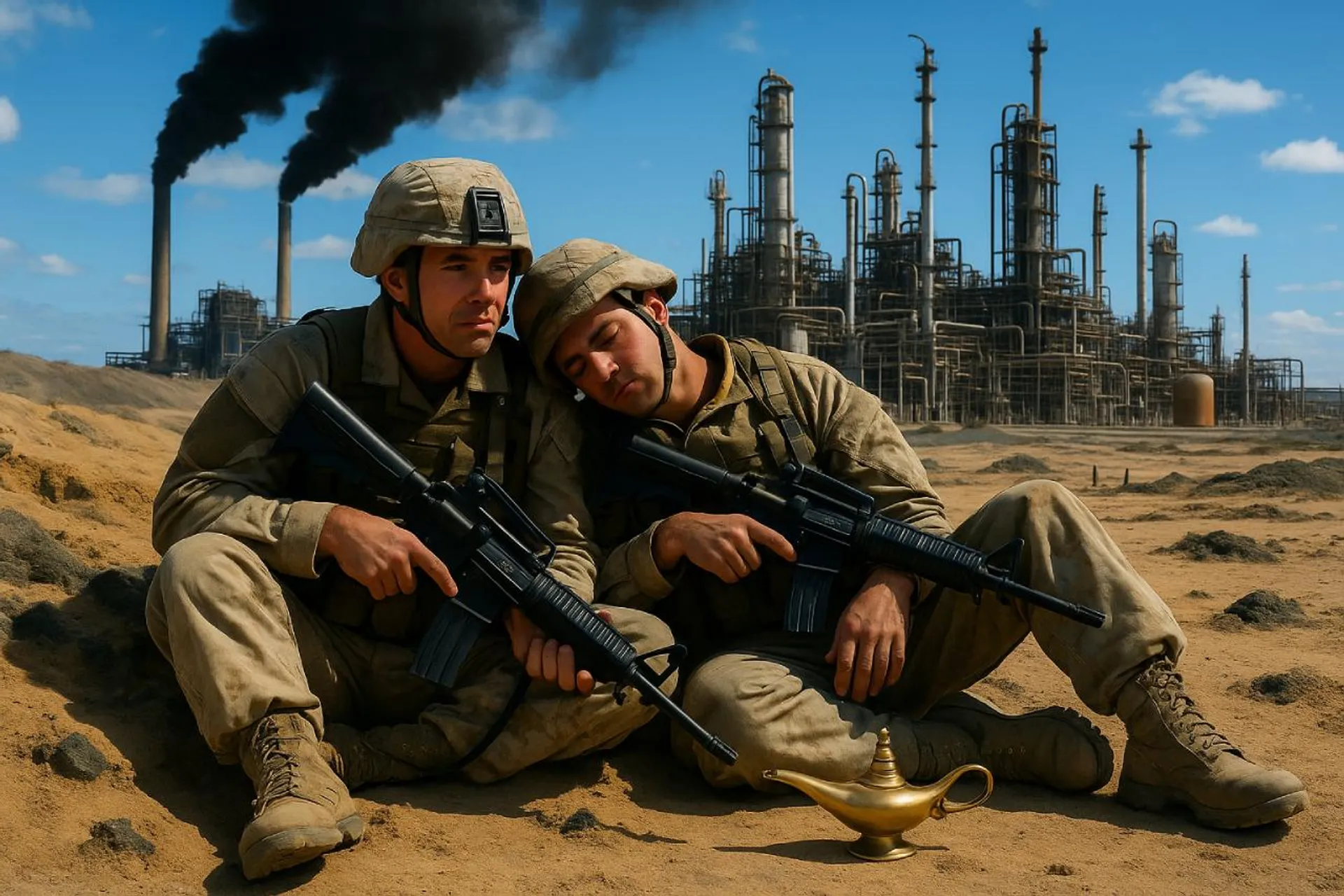 Two lost soldiers resting on each other in a desert.