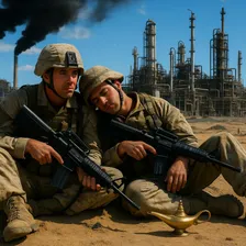 Two lost soldiers resting on each other in a desert.