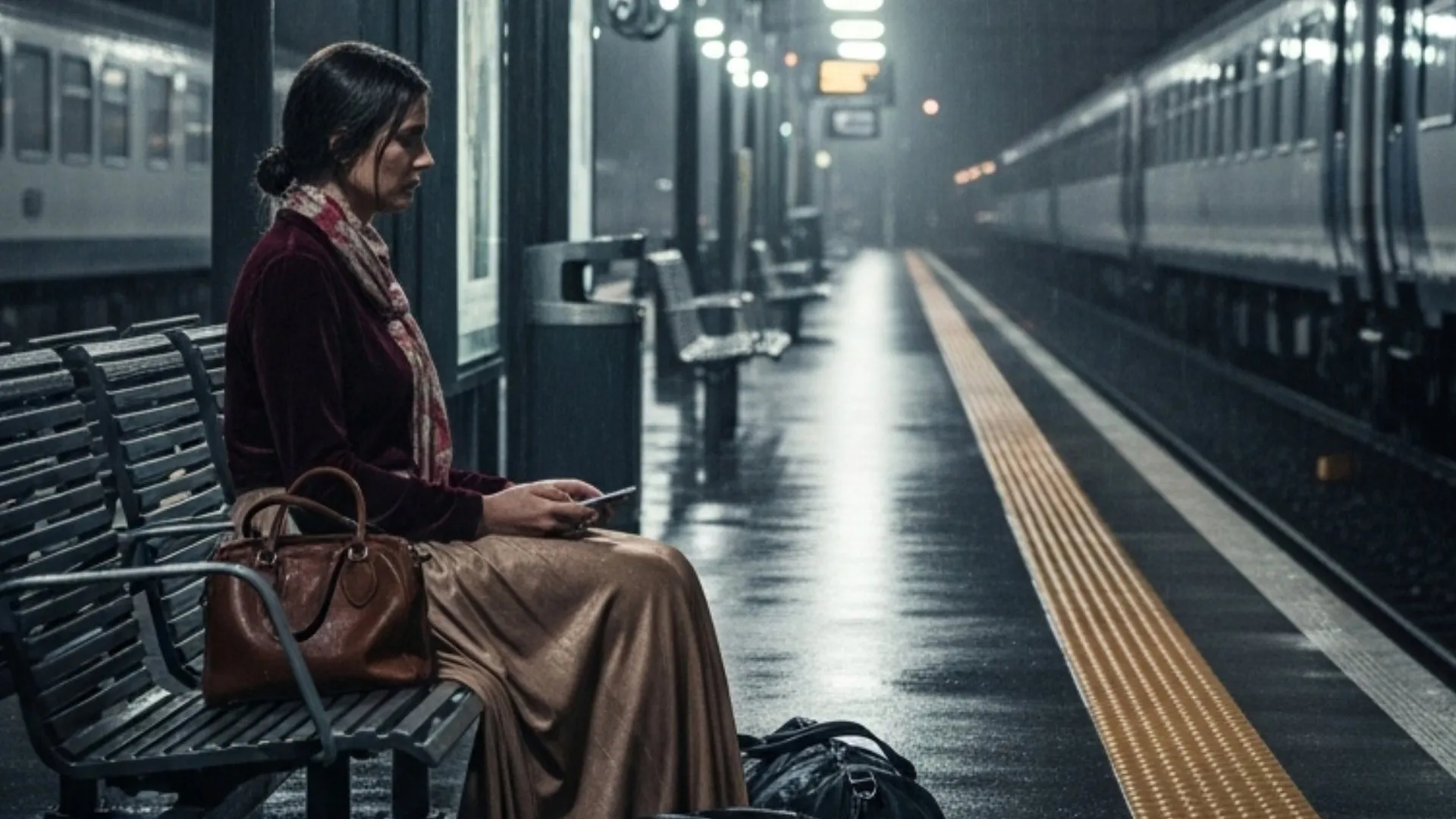 A woman perched on a railway station under dim lights as it rains.