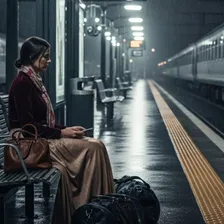 A woman perched on a railway station under dim lights as it rains.