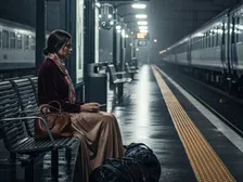 A woman perched on a railway station under dim lights as it rains.