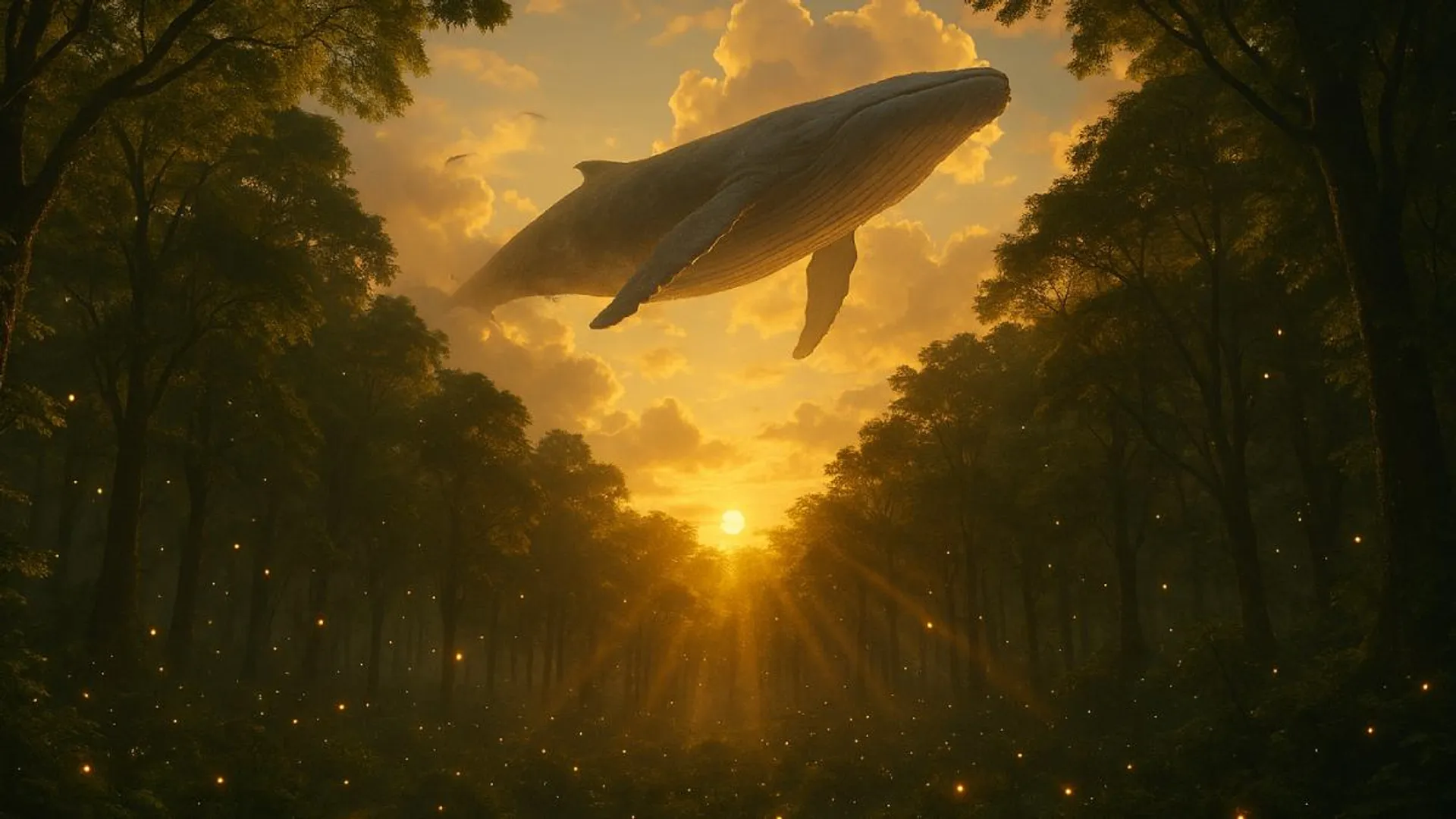 A surreal, dreamy, and fantastical image with a person walking towards a whale swimming through the clouds above a lush green landscape.