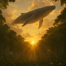 A surreal, dreamy, and fantastical image with a person walking towards a whale swimming through the clouds above a lush green landscape.