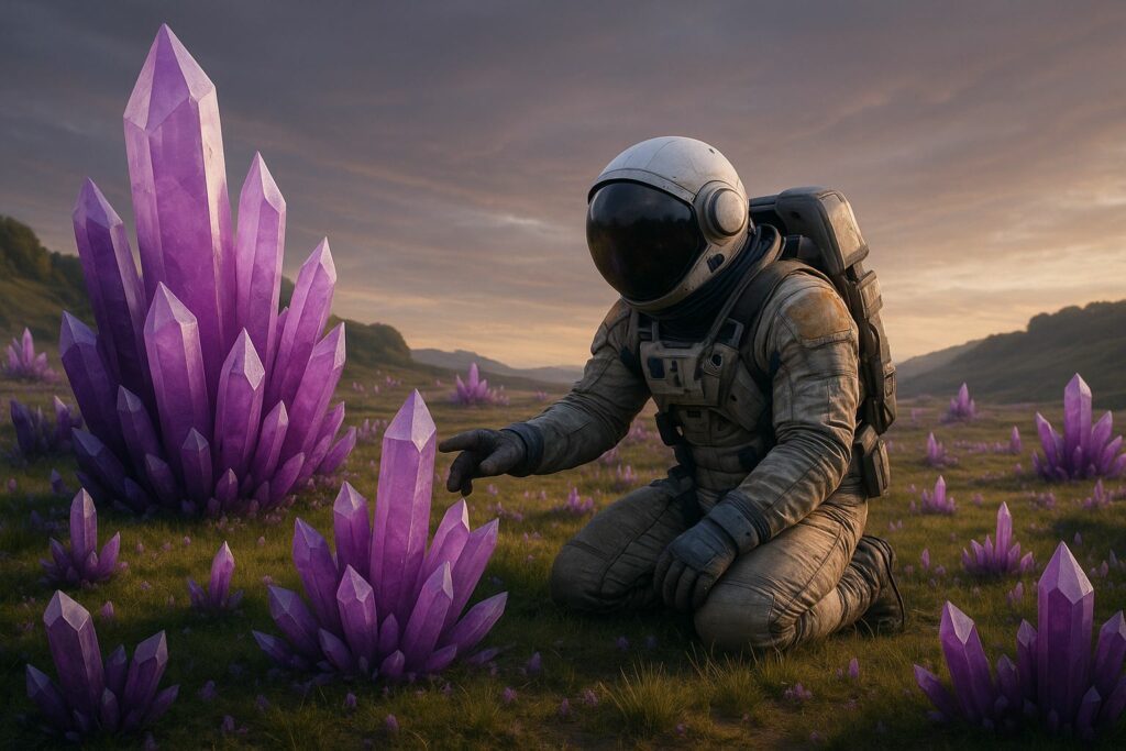 An astronaut touching purple crystals. A scene from Karthikeyan KC's short story, Metamorph.